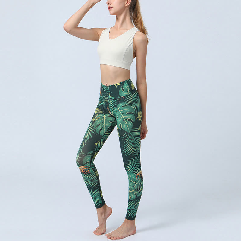 BWOOOH printed yoga leggings - Leaves Print Sports Fitness Yoga High Wa