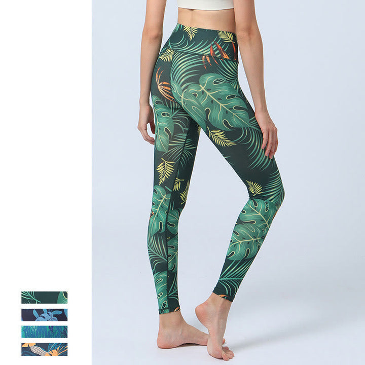 BWOOOH printed yoga leggings - Leaves Print Sports Fitness Yoga High Wa
