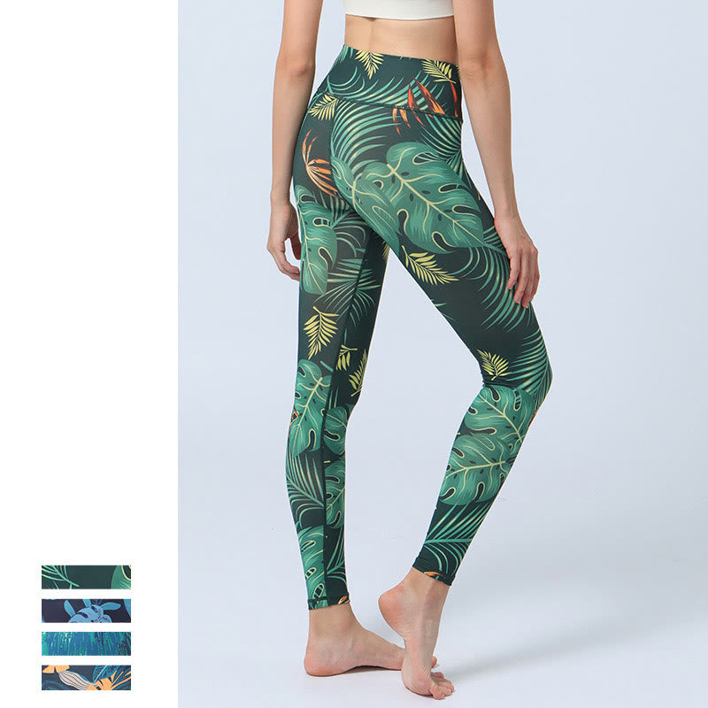 BWOOOH printed yoga leggings - Leaves Print Sports Fitness Yoga High Wa