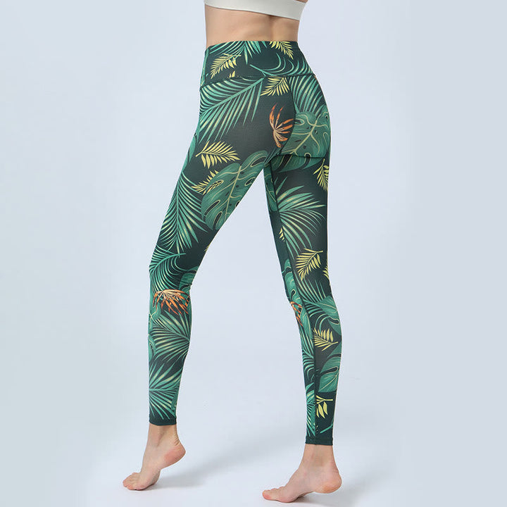 BWOOOH printed yoga leggings - Leaves Print Sports Fitness Yoga High Wa