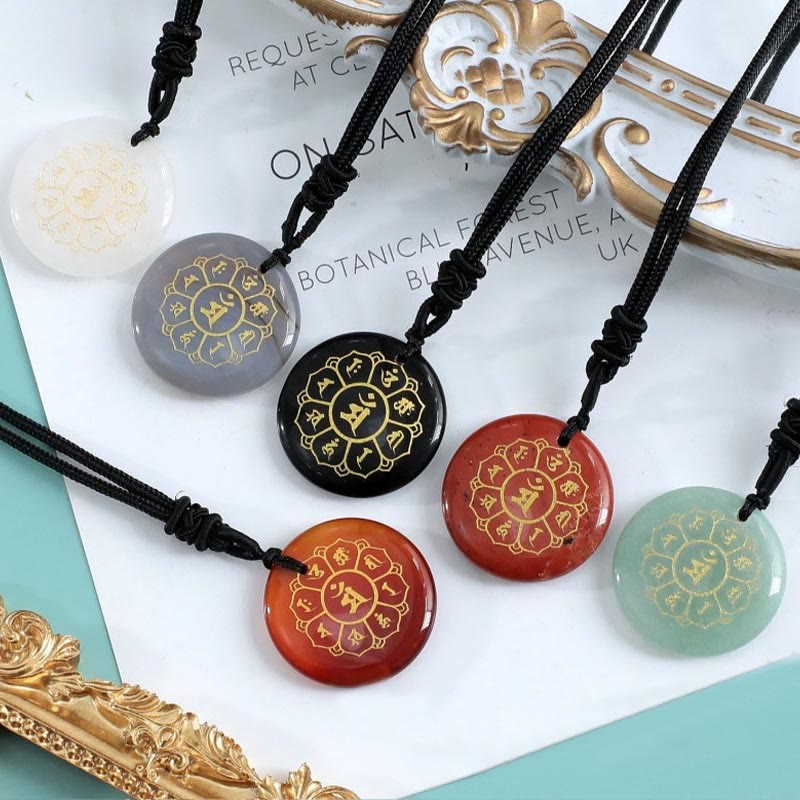 BWOOOH Om Mani Padme Hum Natural Crystal Black Obsidian Strength Necklace Pendant