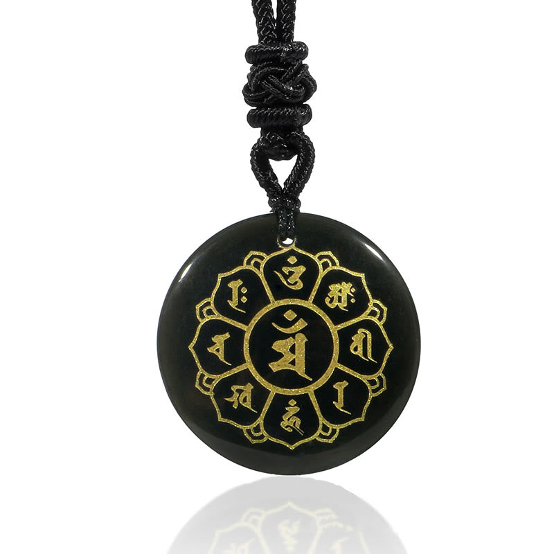 BWOOOH Om Mani Padme Hum Natural Crystal Black Obsidian Strength Necklace Pendant