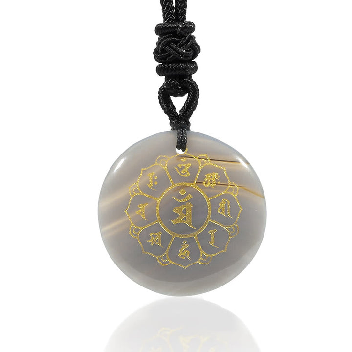 BWOOOH Om Mani Padme Hum Natural Crystal Black Obsidian Strength Necklace Pendant