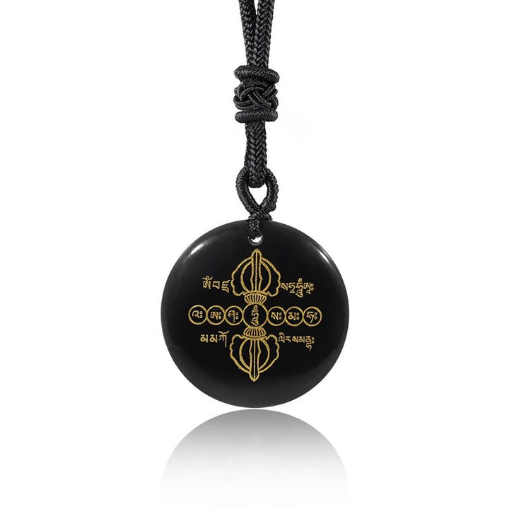 BWOOOH Vajra Dorje Sanskrit Pattern Natural Various Crystal Black Obsidian Fulfilment Necklace Pendant