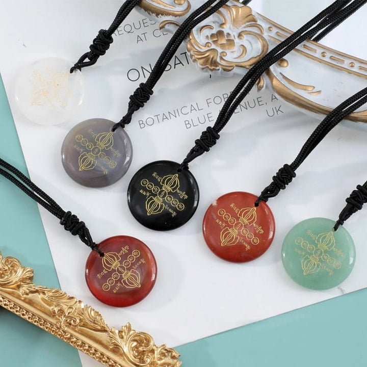 BWOOOH Vajra Dorje Sanskrit Pattern Natural Various Crystal Black Obsidian Fulfilment Necklace Pendant