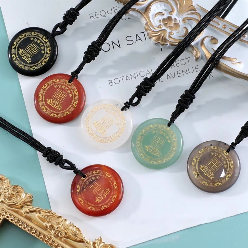 BWOOOH Swastika Lotus Pattern Natural Various Crystal Black Obsidian Purification Necklace Pendant