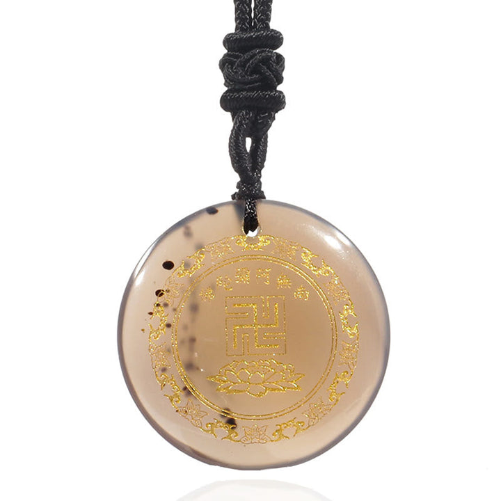 BWOOOH Swastika Lotus Pattern Natural Various Crystal Black Obsidian Purification Necklace Pendant