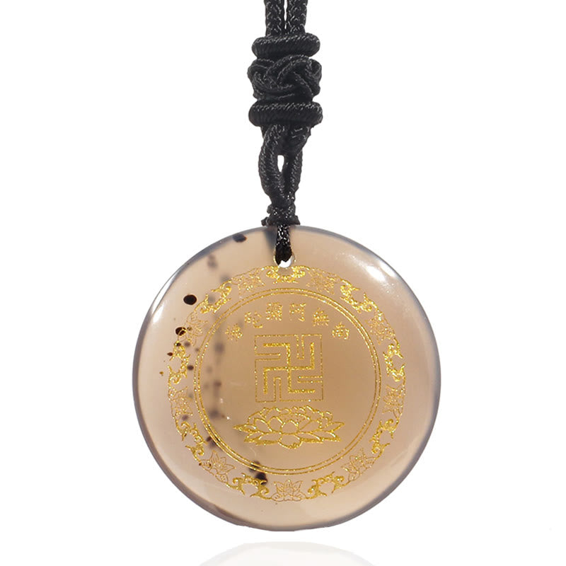 BWOOOH Swastika Lotus Pattern Natural Various Crystal Black Obsidian Purification Necklace Pendant