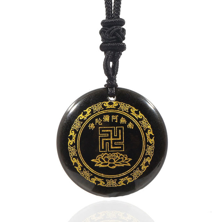 BWOOOH Swastika Lotus Pattern Natural Various Crystal Black Obsidian Purification Necklace Pendant