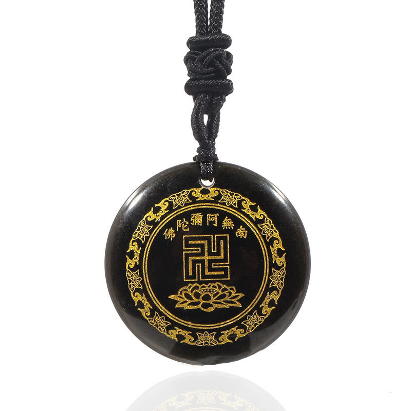 BWOOOH Swastika Lotus Pattern Natural Various Crystal Black Obsidian Purification Necklace Pendant