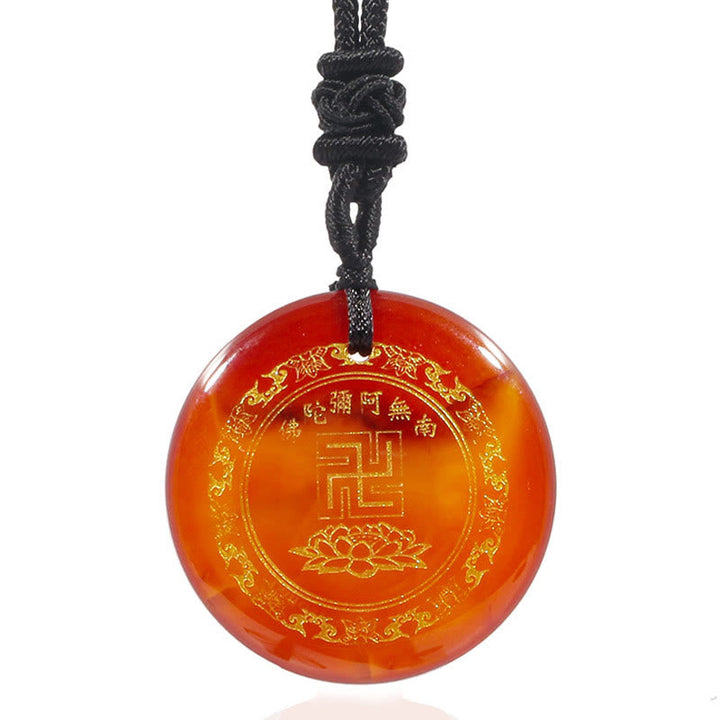 BWOOOH Swastika Lotus Pattern Natural Various Crystal Black Obsidian Purification Necklace Pendant