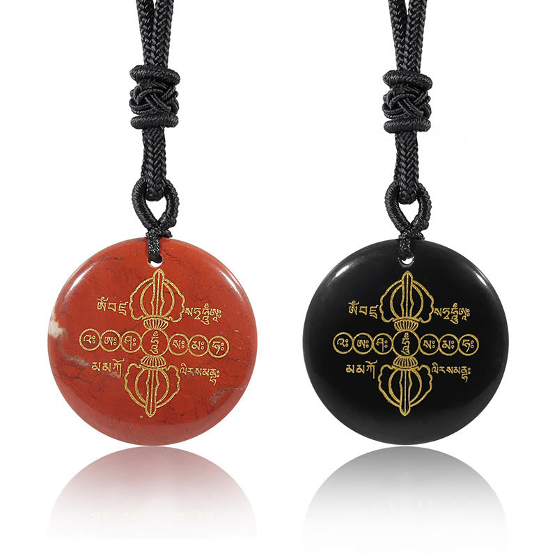 BWOOOH Vajra Dorje Sanskrit Pattern Natural Various Crystal Black Obsidian Fulfilment Necklace Pendant