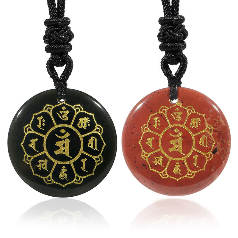 BWOOOH Om Mani Padme Hum Natural Crystal Black Obsidian Strength Necklace Pendant
