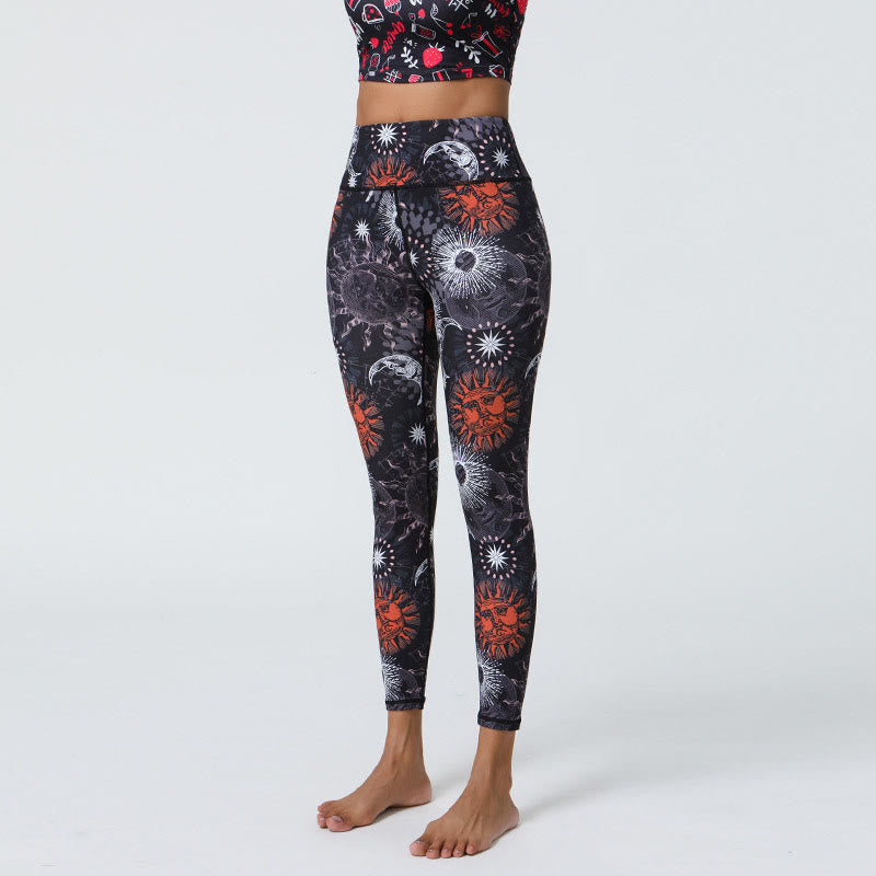 BWOOOH printed yoga leggings - Flowers Feathers Sun Moon Print Sports F