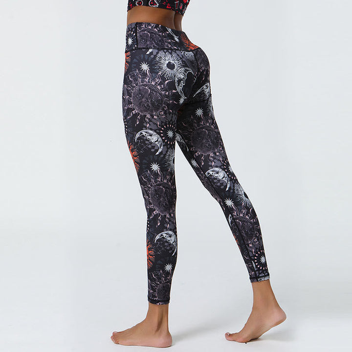BWOOOH printed yoga leggings - Flowers Feathers Sun Moon Print Sports F