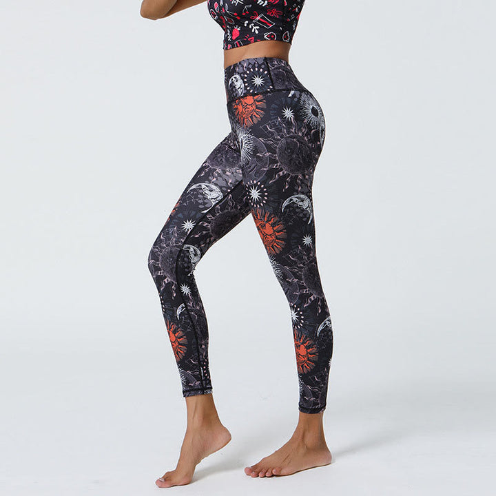 BWOOOH printed yoga leggings - Flowers Feathers Sun Moon Print Sports F