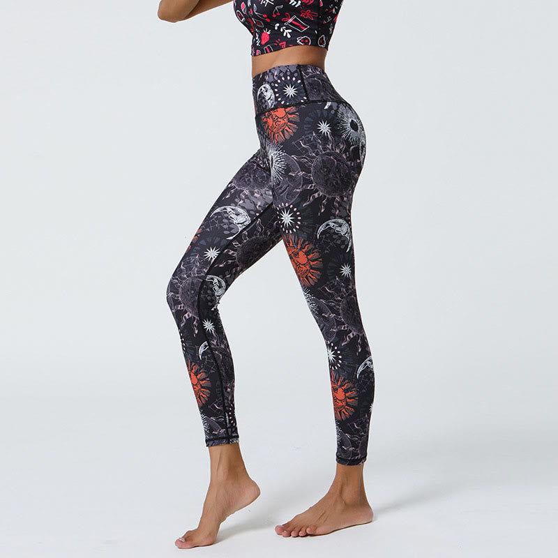 BWOOOH printed yoga leggings - Flowers Feathers Sun Moon Print Sports F