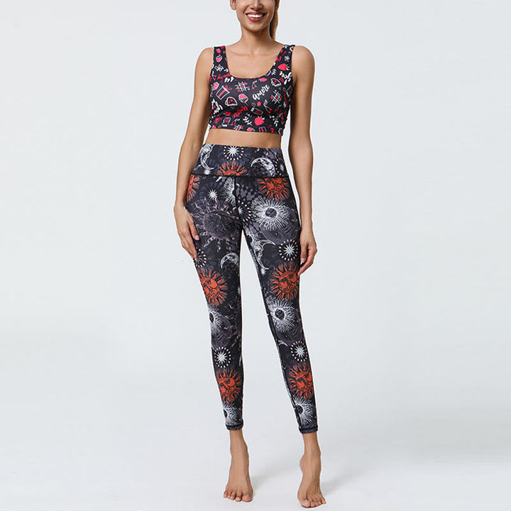 BWOOOH printed yoga leggings - Flowers Feathers Sun Moon Print Sports F
