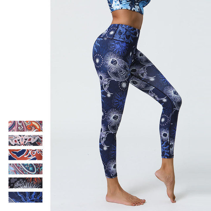 BWOOOH printed yoga leggings - Flowers Feathers Sun Moon Print Sports F