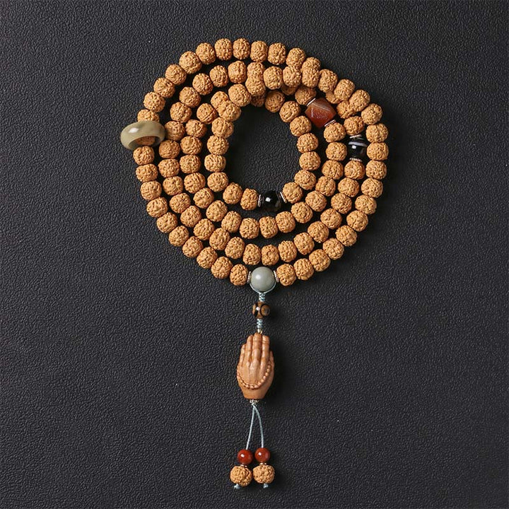 BWOOOH Bodhi Seed Three-eyed Dzi Bead Buddha Hand Charm Wealth Bracelet