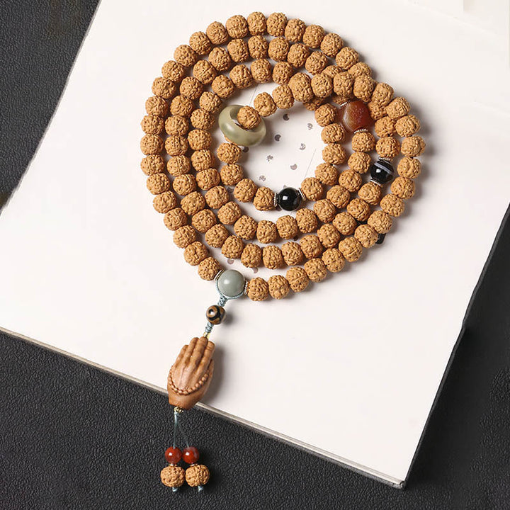 BWOOOH Bodhi Seed Three-eyed Dzi Bead Buddha Hand Charm Wealth Bracelet