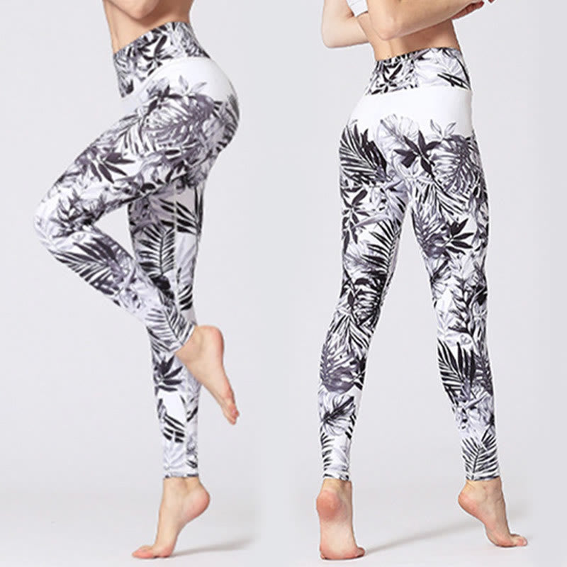 BWOOOH lotus print yoga leggings - Lines Weeds Sakura Flowers Black Tree Pr