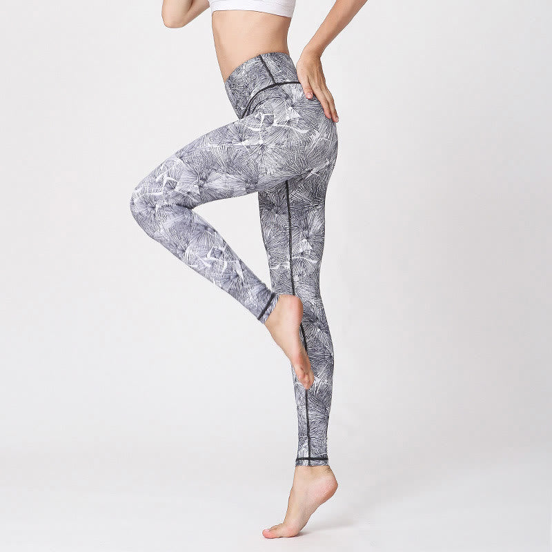 BWOOOH printed yoga leggings - Mist Leaves Print Sports Exercise Fitnes