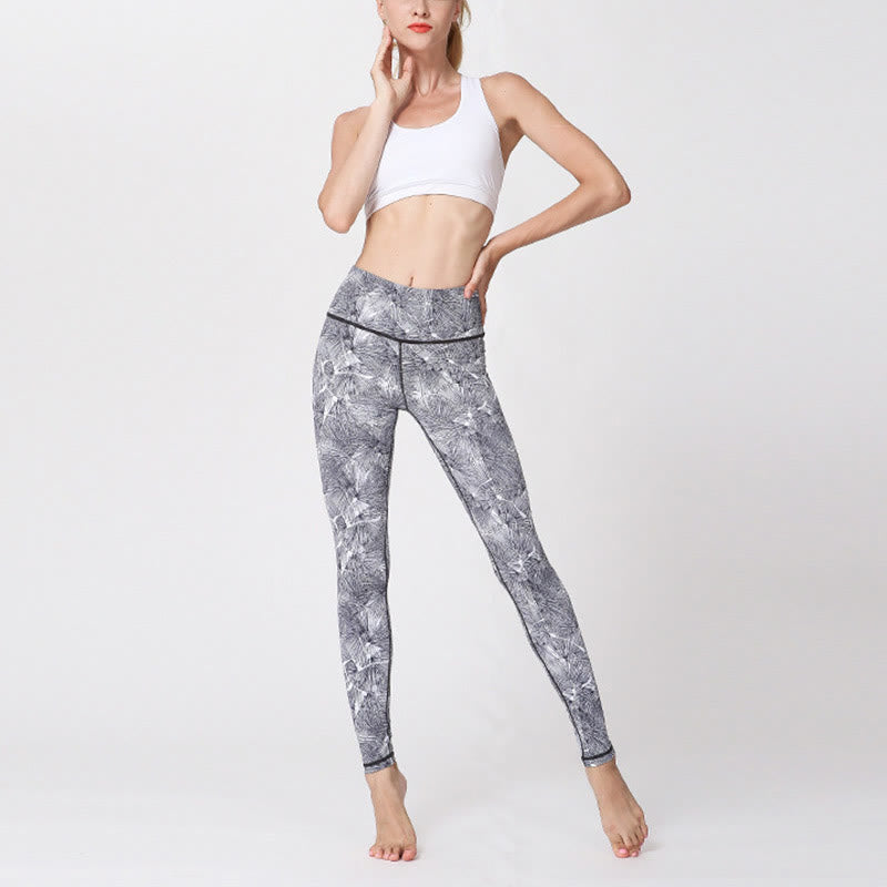 BWOOOH printed yoga leggings - Mist Leaves Print Sports Exercise Fitnes