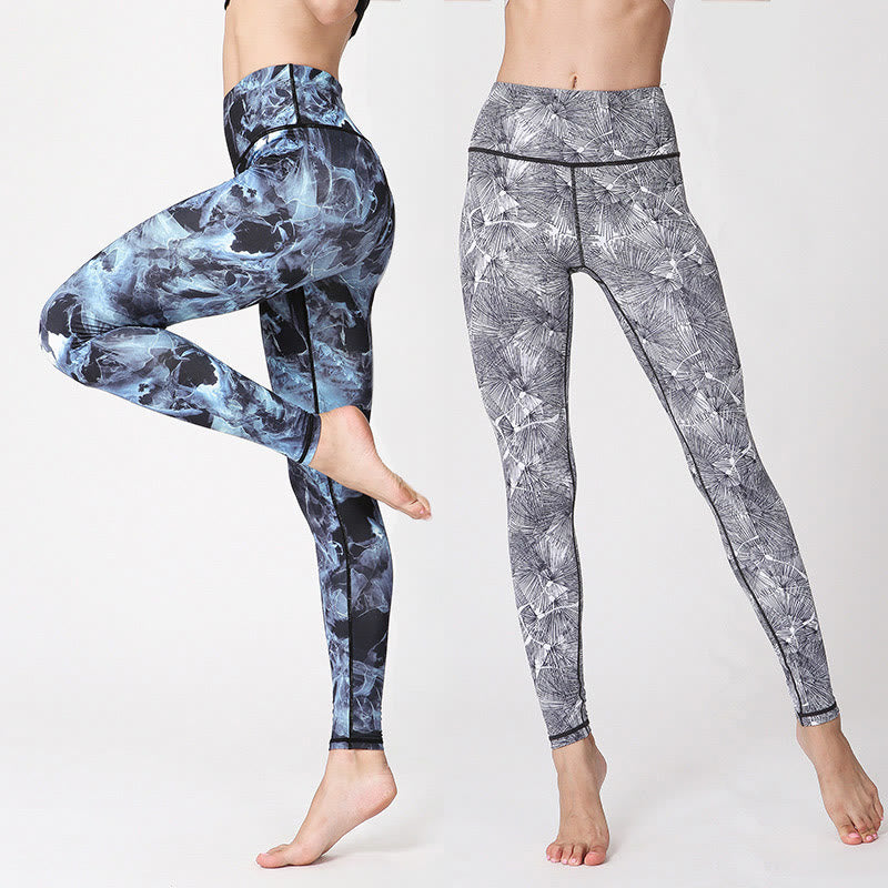 BWOOOH printed yoga leggings - Mist Leaves Print Sports Exercise Fitnes