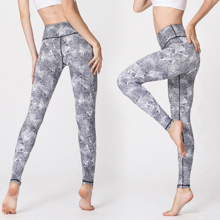 BWOOOH printed yoga leggings - Mist Leaves Print Sports Exercise Fitnes