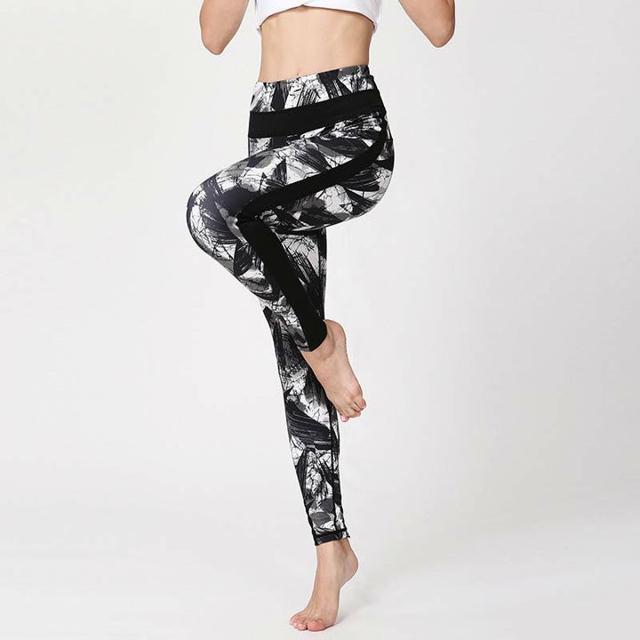 BWOOOH printed yoga leggings - White Black Ink Brush Lines Print Sports