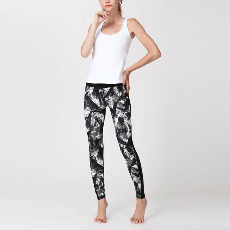 BWOOOH printed yoga leggings - White Black Ink Brush Lines Print Sports