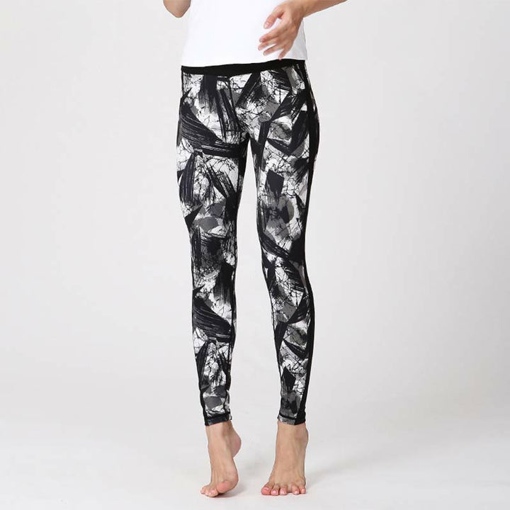 BWOOOH printed yoga leggings - White Black Ink Brush Lines Print Sports