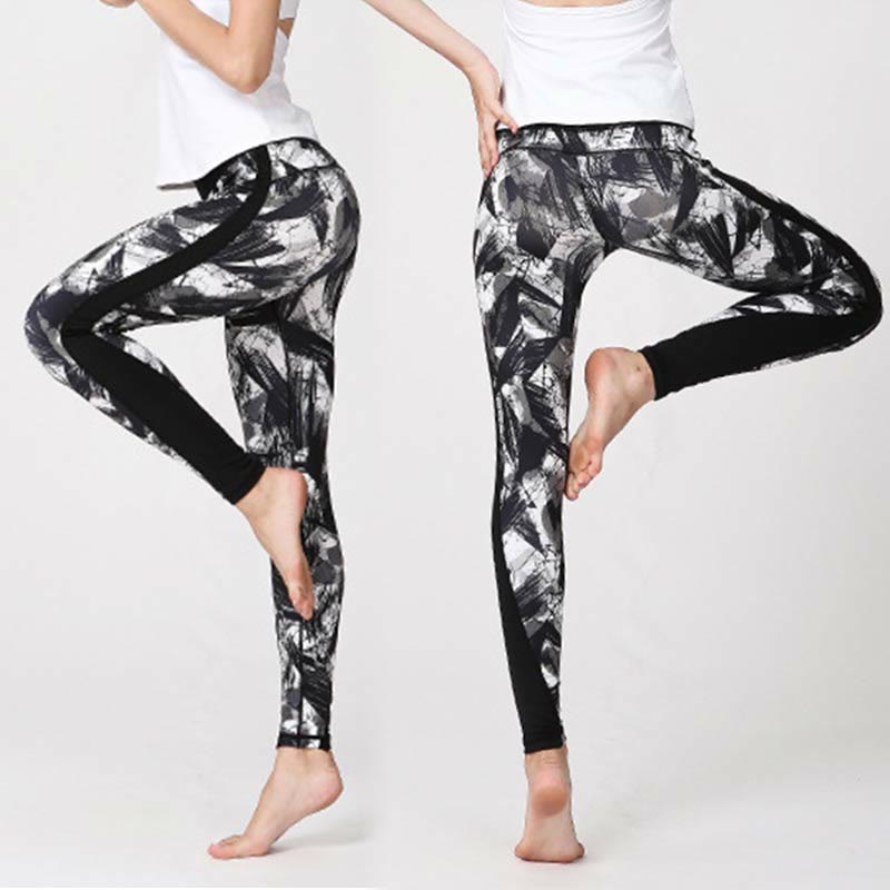 BWOOOH printed yoga leggings - White Black Ink Brush Lines Print Sports