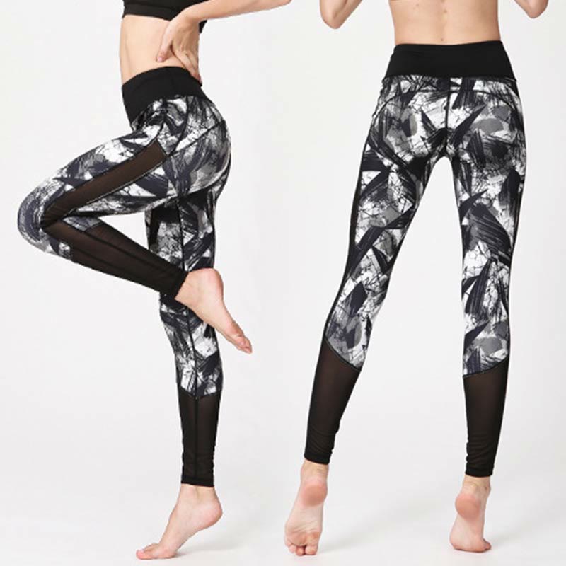 BWOOOH printed yoga leggings - White Black Ink Brush Lines Print Sports