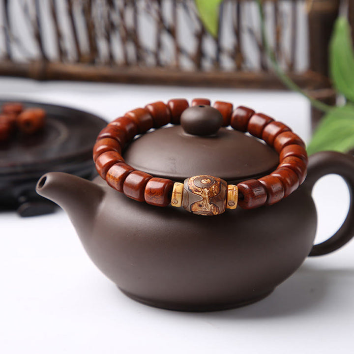 BWOOOH Tibetan Bone Beads Three-Eyed Dzi Bead Sheep Horn Red Agate Strength Bracelet