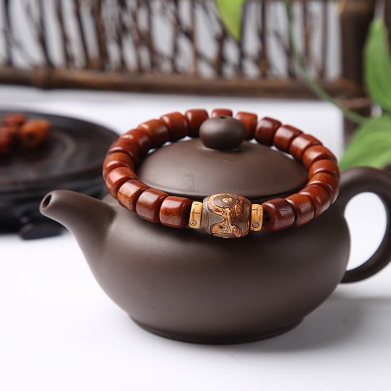 BWOOOH Tibetan Bone Beads Three-Eyed Dzi Bead Sheep Horn Red Agate Strength Bracelet