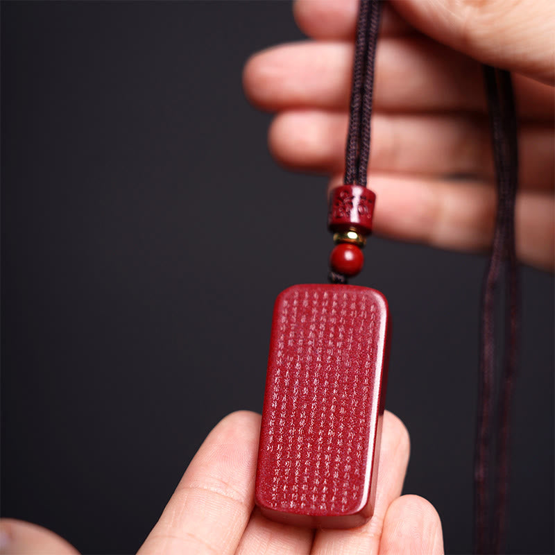 BWOOOH Cinnabar Lotus Heart Sutra Engraved Blessing Rope Necklace Pendant