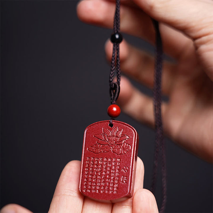 BWOOOH Cinnabar Lotus Heart Sutra Engraved Blessing Rope Necklace Pendant