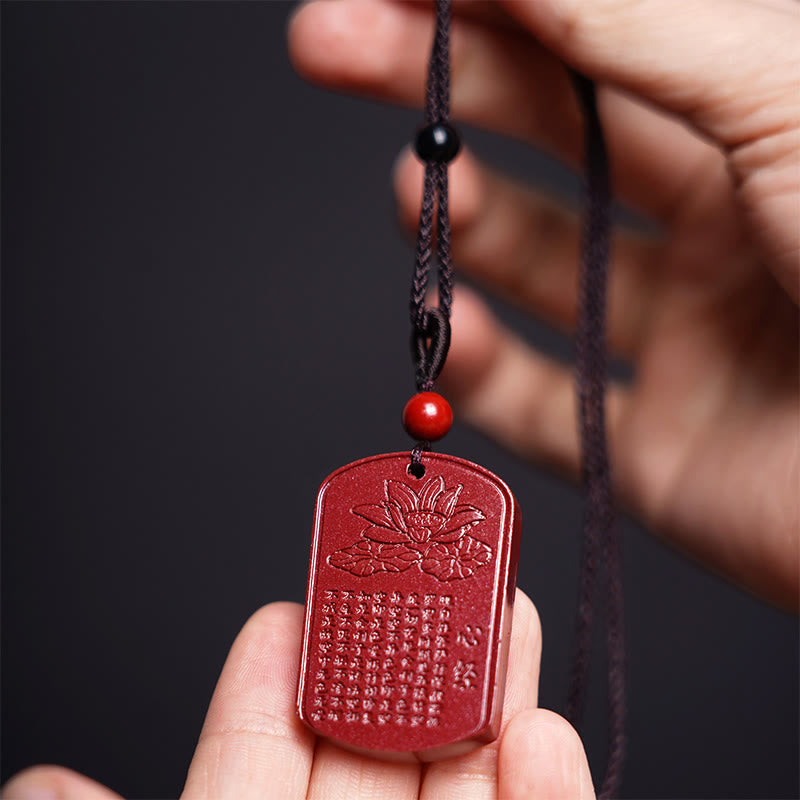 BWOOOH Cinnabar Lotus Heart Sutra Engraved Blessing Rope Necklace Pendant