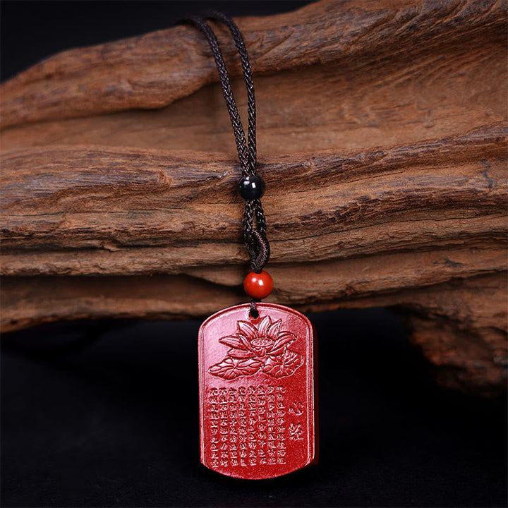 BWOOOH Cinnabar Lotus Heart Sutra Engraved Blessing Rope Necklace Pendant