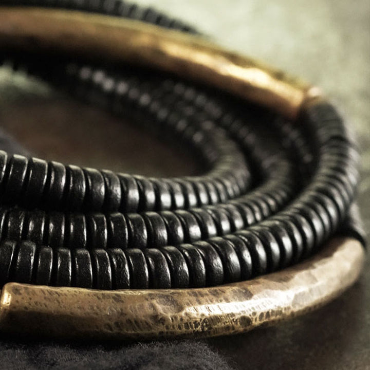 BWOOOH Tibetan Ebony Wood Beads Copper Peace Multilayered Bracelet