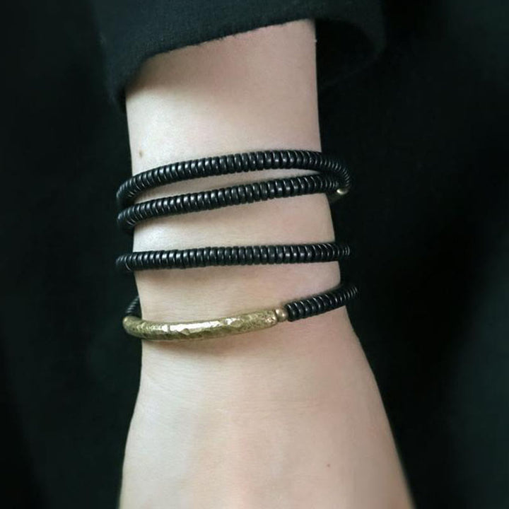 BWOOOH Tibetan Ebony Wood Beads Copper Peace Multilayered Bracelet