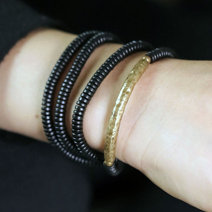 BWOOOH Tibetan Ebony Wood Beads Copper Peace Multilayered Bracelet