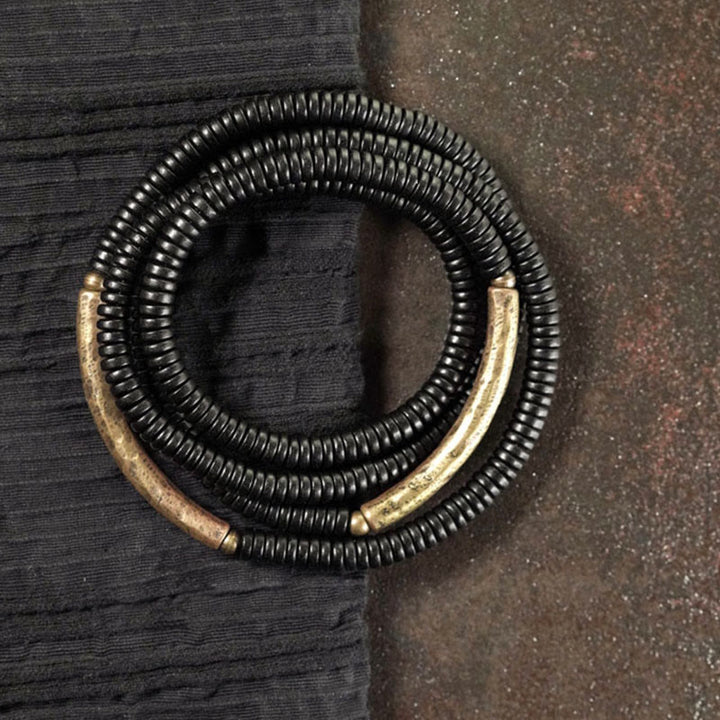 BWOOOH Tibetan Ebony Wood Beads Copper Peace Multilayered Bracelet