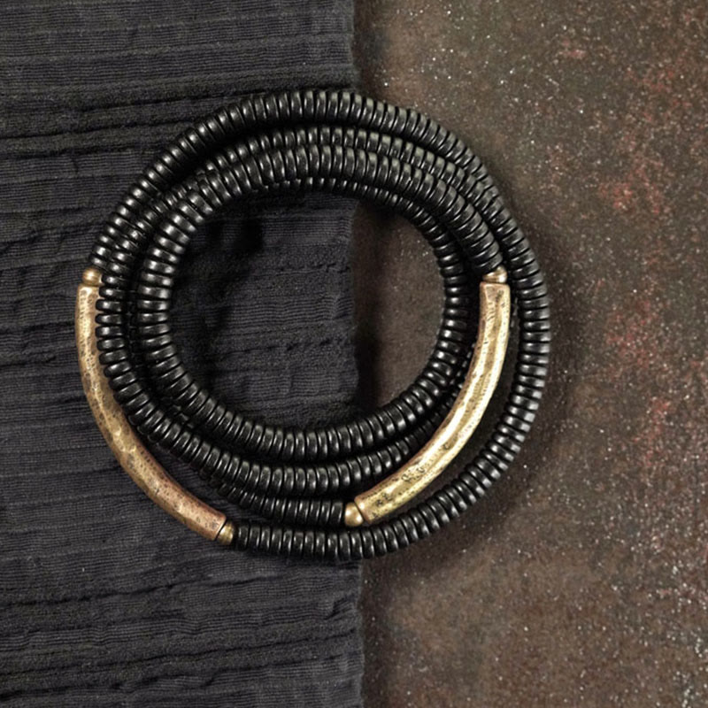 BWOOOH Tibetan Ebony Wood Beads Copper Peace Multilayered Bracelet