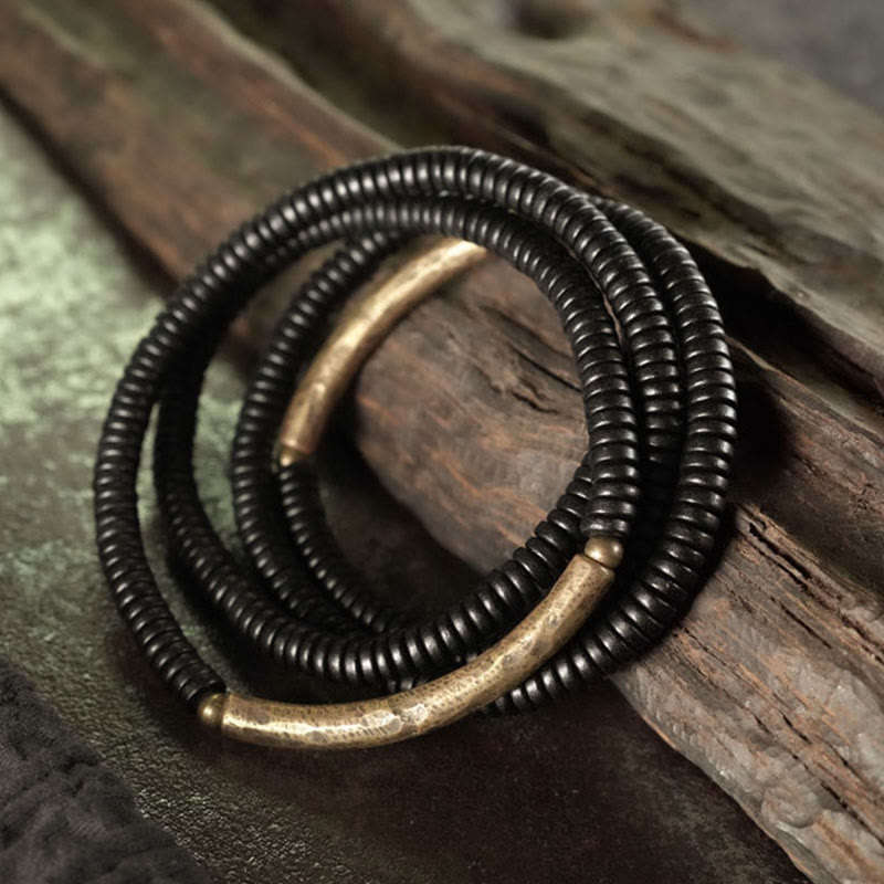 BWOOOH Tibetan Ebony Wood Beads Copper Peace Multilayered Bracelet