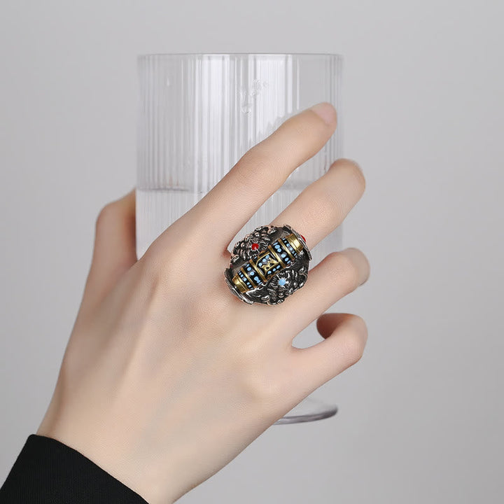 BWOOOH Tibetan Om Mani Padme Hum Garuda Dzi Bead Pattern Peace Rotatable Ring