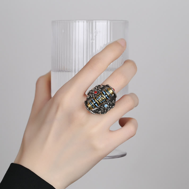 BWOOOH Tibetan Om Mani Padme Hum Garuda Dzi Bead Pattern Peace Rotatable Ring