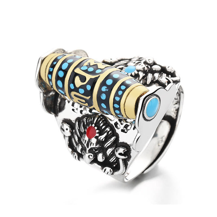 BWOOOH Tibetan Om Mani Padme Hum Garuda Dzi Bead Pattern Peace Rotatable Ring